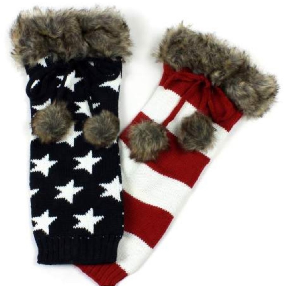 American Flag Patriotic Red White and Blue Leg Warmers With Faux Fur Trim